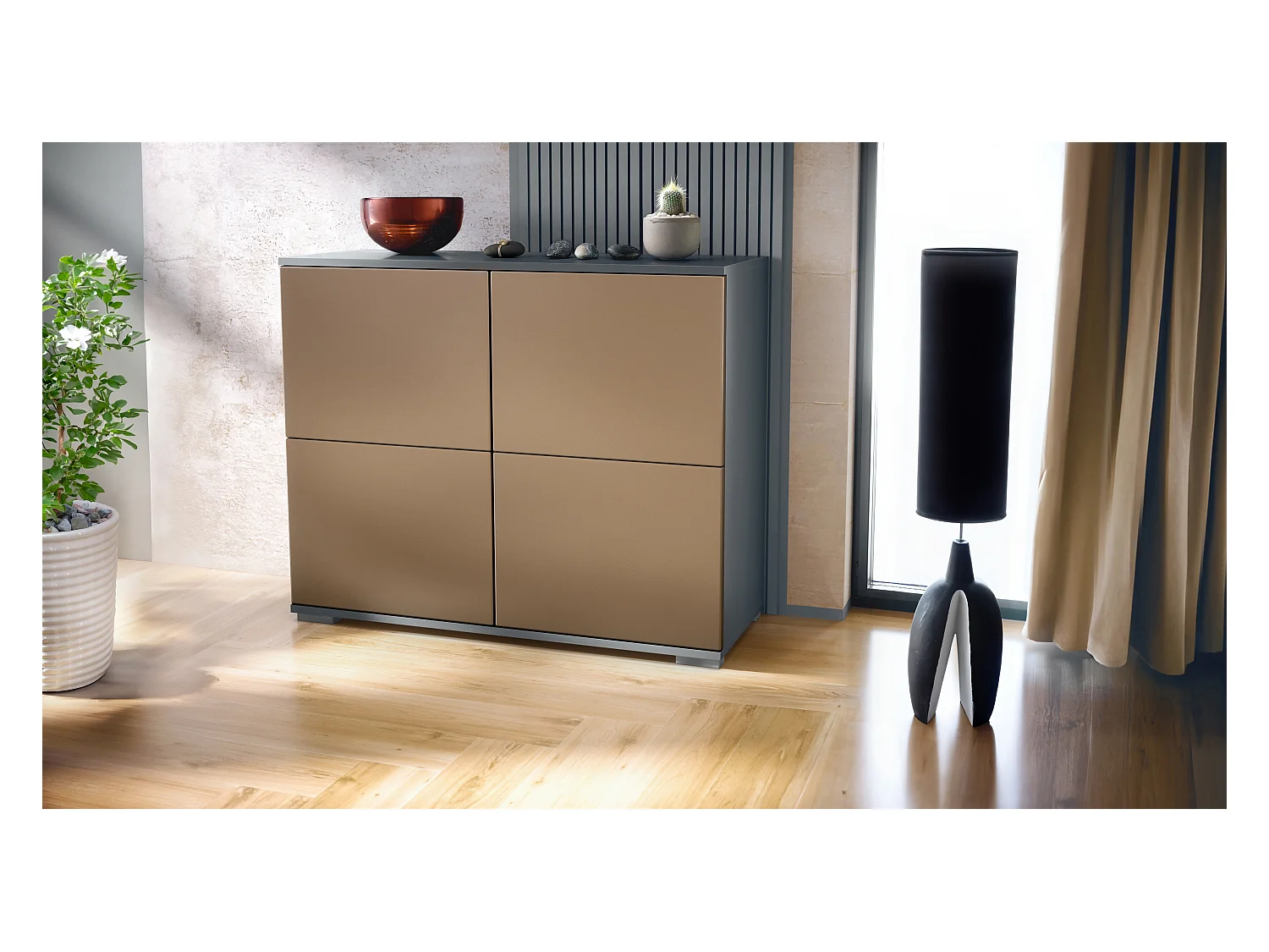 Buffet Rova V3 – Meuble de cuisine moderne avec 4 portes Push-to-Open anthracite mat / aspect bronzé (92,5 x 75.5 x 35)