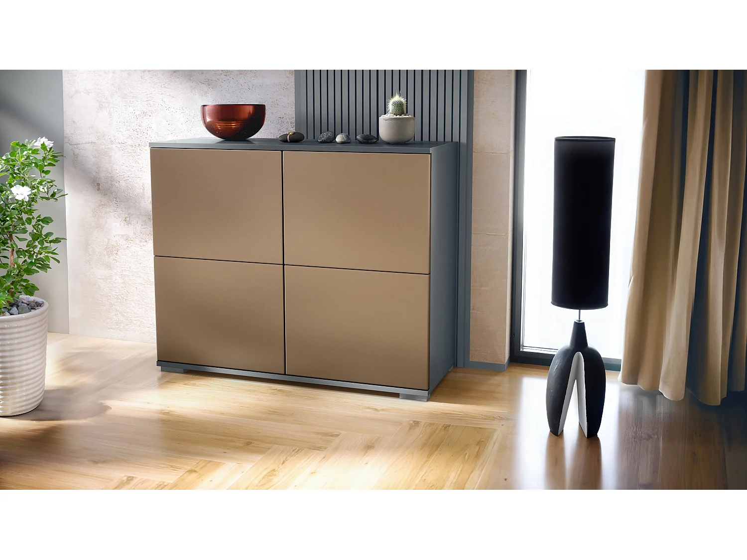 Credenza Rova V3 – Mobile da cucina moderno con 4 ante Push-to-Open antracite opaco  / ottica bronzo (92,5 x 75.5 x 35)