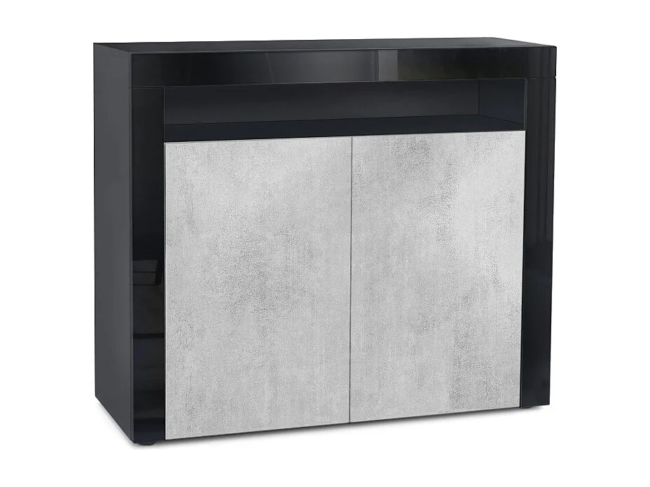 Buffet Valencia, Commode avec 2 portes et 1 compartiment ouvert, Noir mat/aspect béton oxyde/noir haute brillance (108 x 92 x 40 cm)