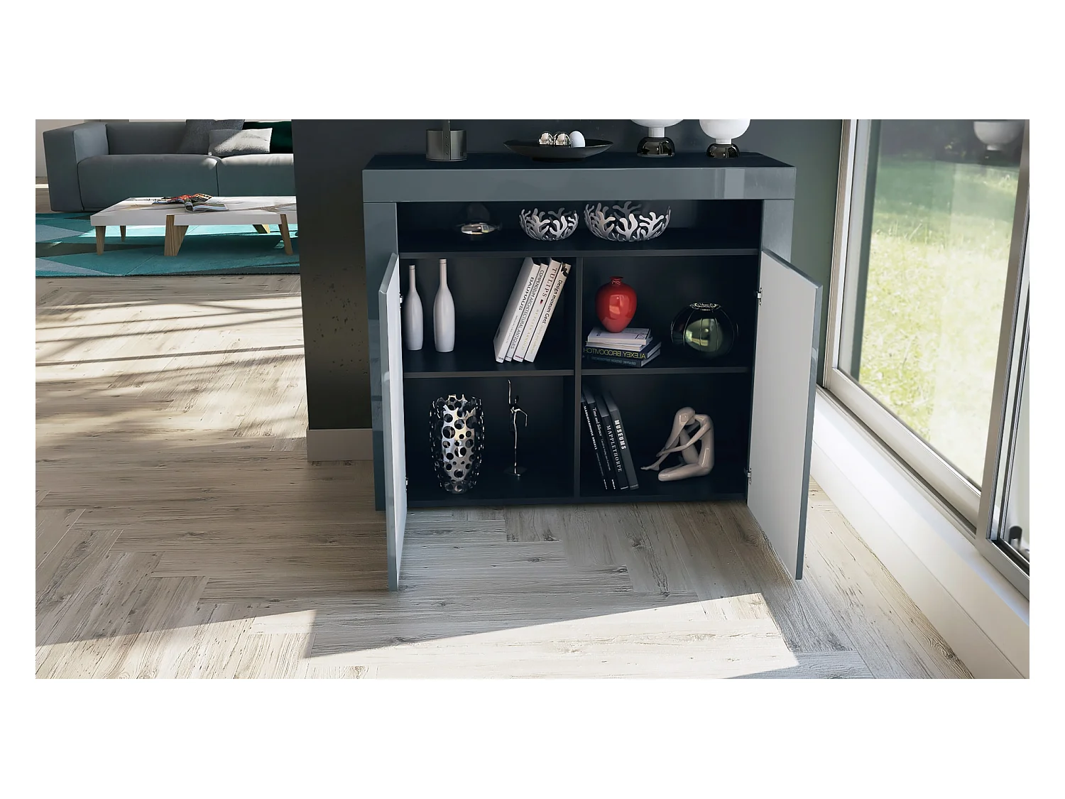 Buffet Valencia, Commode avec 2 portes et 1 compartiment ouvert, Noir mat/aspect béton oxyde/noir haute brillance (108 x 92 x 40 cm)