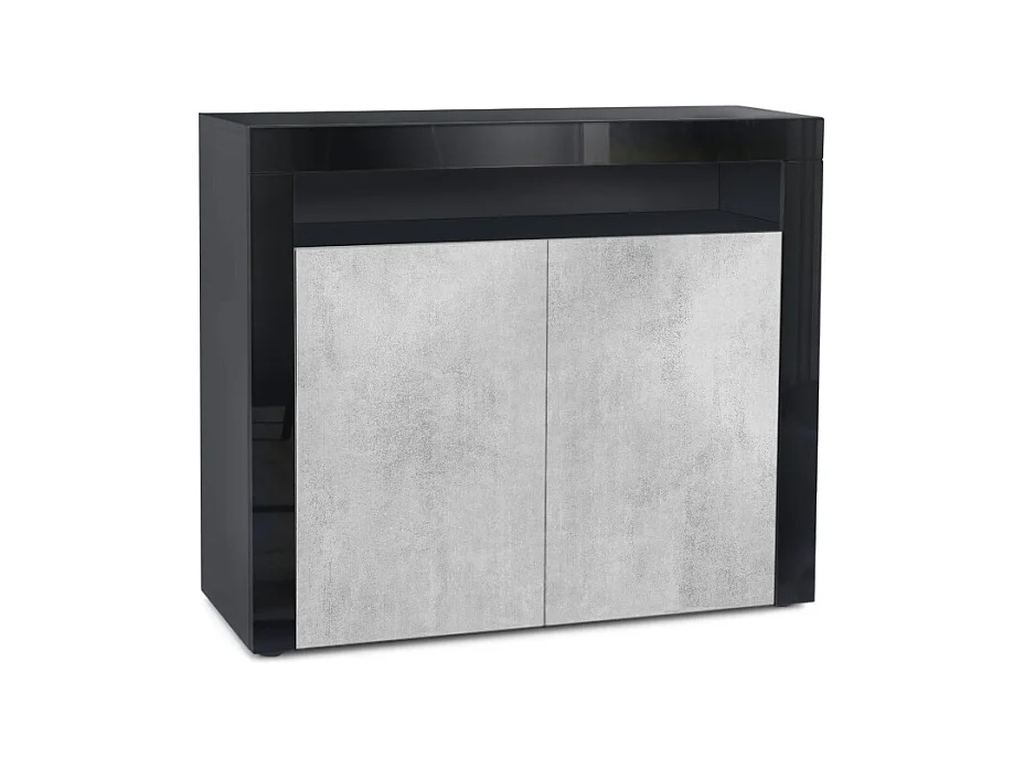 Buffet Valencia, Commode avec 2 portes et 1 compartiment ouvert, Noir mat/aspect béton oxyde/noir haute brillance (108 x 92 x 40 cm)