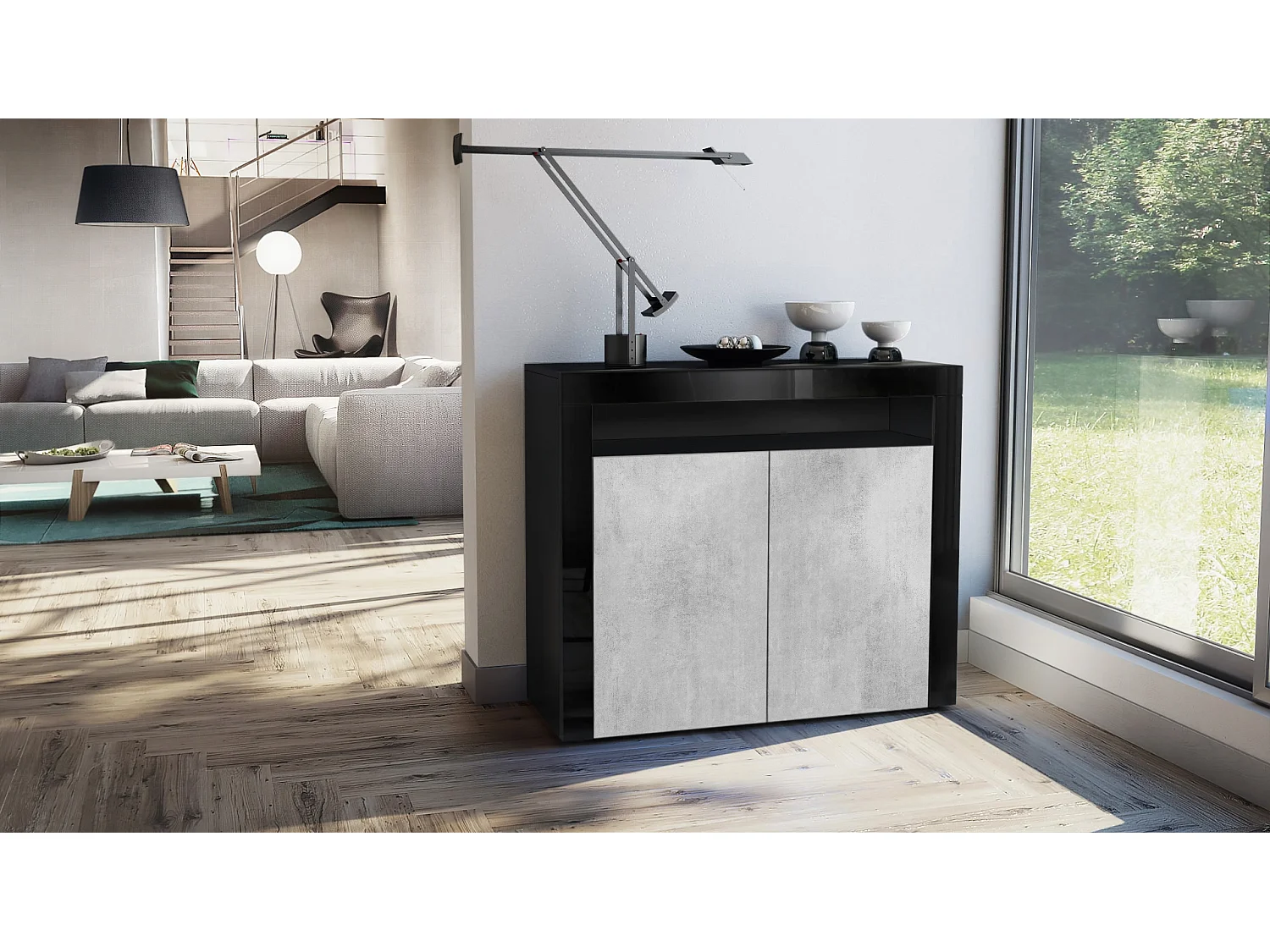 Mobiletto  City, credenza con 2 ante e 1 scomparto aperto, nero opaco/ottica cermento ossido/nero lucido (108 x 92 x 40 cm)