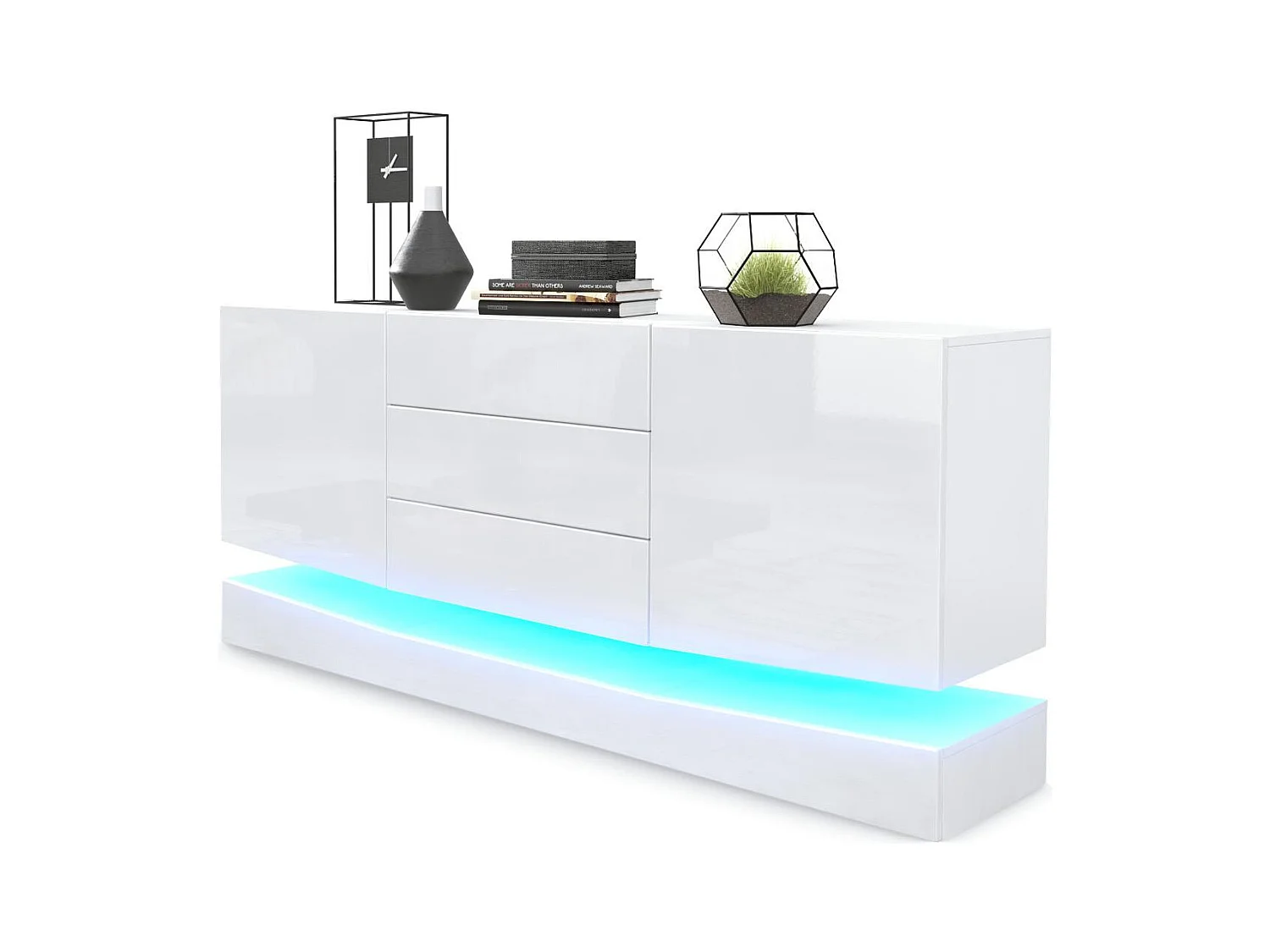 Sideboard City, blanc mat/blanc haute brillance y compris LED - Commode moderne pour votre salon (178 x 72 x 38 cm)