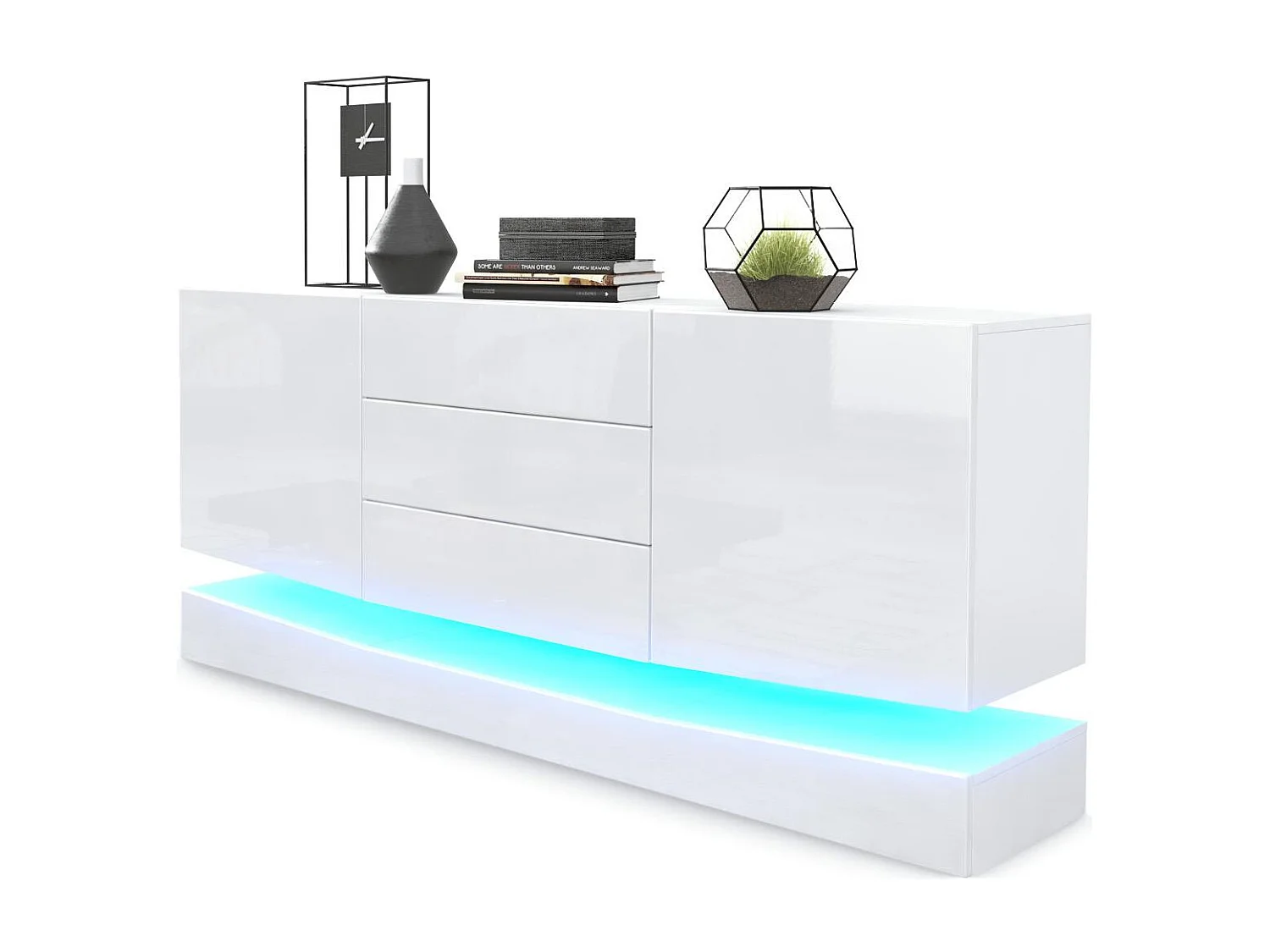 Vladon Sideboard City, bianco opaco/bianco lucido incl. LED - Cassettiera moderna per la zona giorno (178 x 72 x 38 cm)