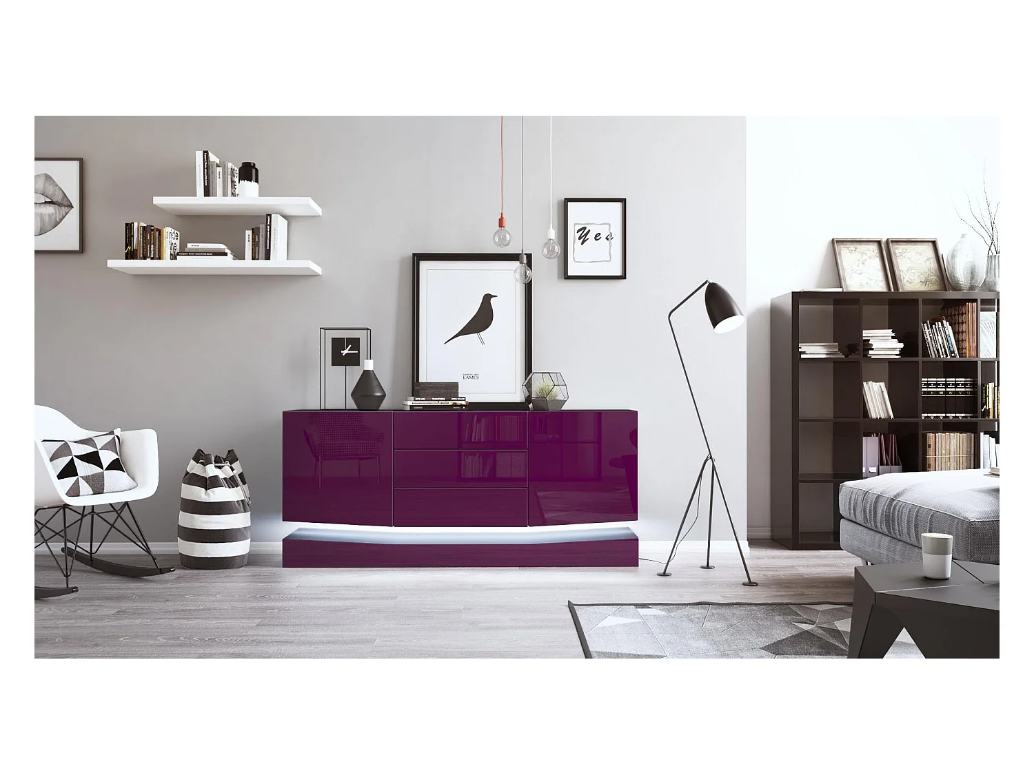 Sideboard City, noir mat/mûre haute brillance y compris LED - Commode moderne pour votre salon (178 x 72 x 38 cm)
