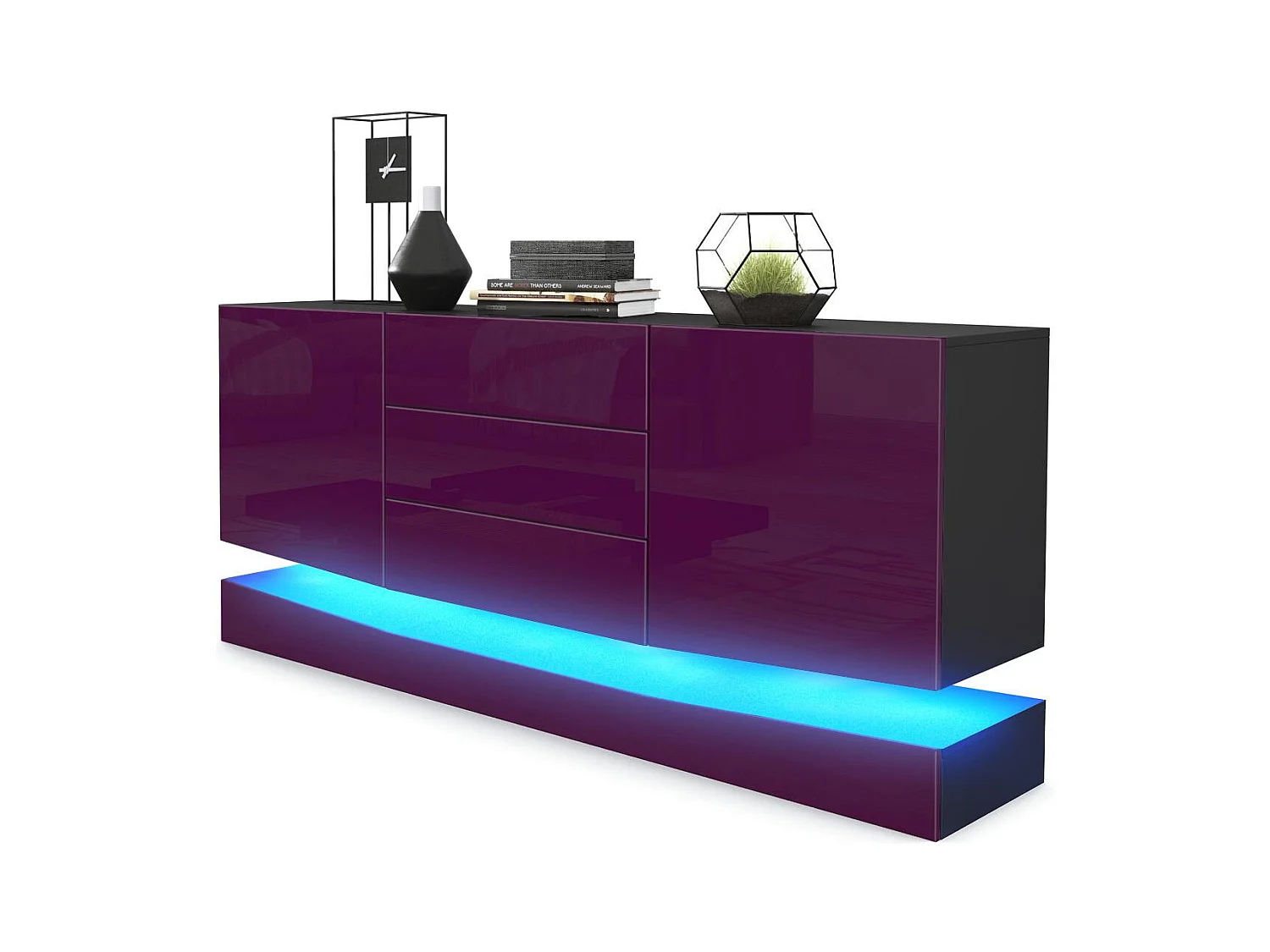 Sideboard City, noir mat/mûre haute brillance y compris LED - Commode moderne pour votre salon (178 x 72 x 38 cm)