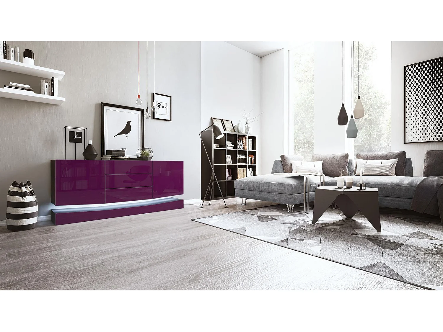Vladon Sideboard City, nero opaco/violetto porpora lucido incl. LED - Cassettiera moderna per la zona giorno (178 x 72 x 38 cm)
