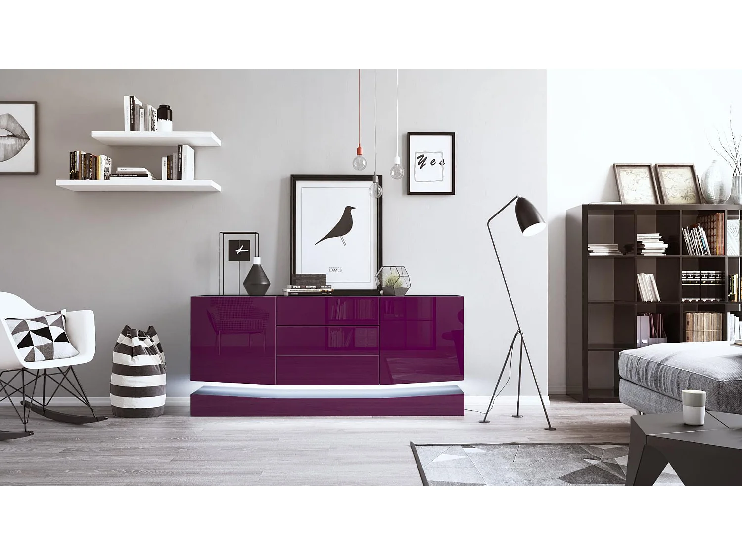 Vladon Sideboard City, nero opaco/violetto porpora lucido incl. LED - Cassettiera moderna per la zona giorno (178 x 72 x 38 cm)
