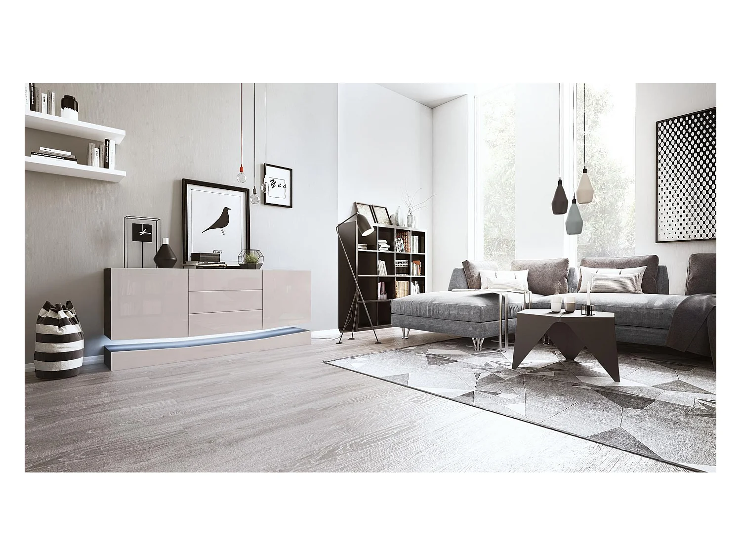 Sideboard City, noir mat/gris sable haute brillance y compris LED - Commode moderne pour votre salon (178 x 72 x 38 cm)