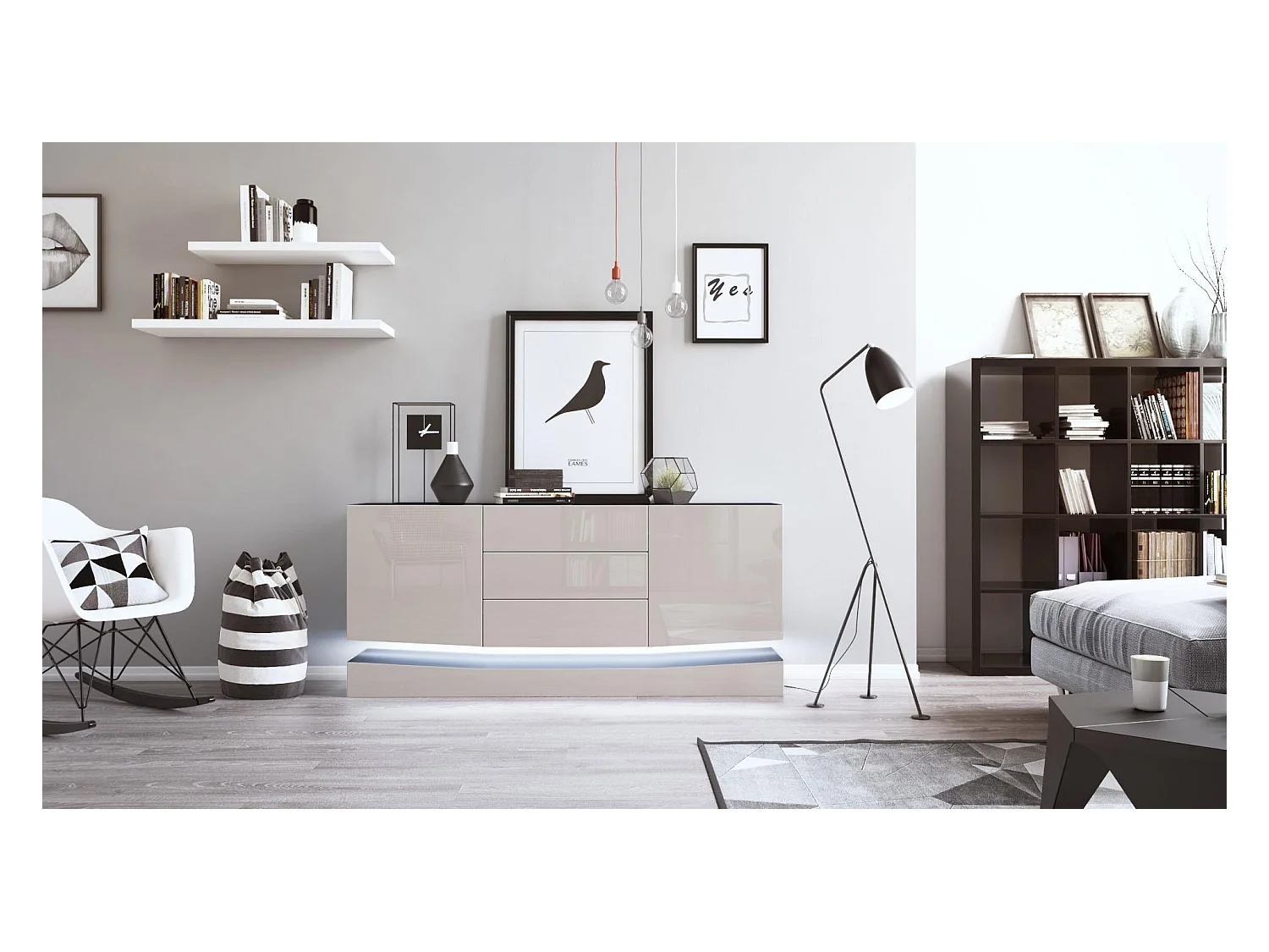 Sideboard City, noir mat/gris sable haute brillance y compris LED - Commode moderne pour votre salon (178 x 72 x 38 cm)