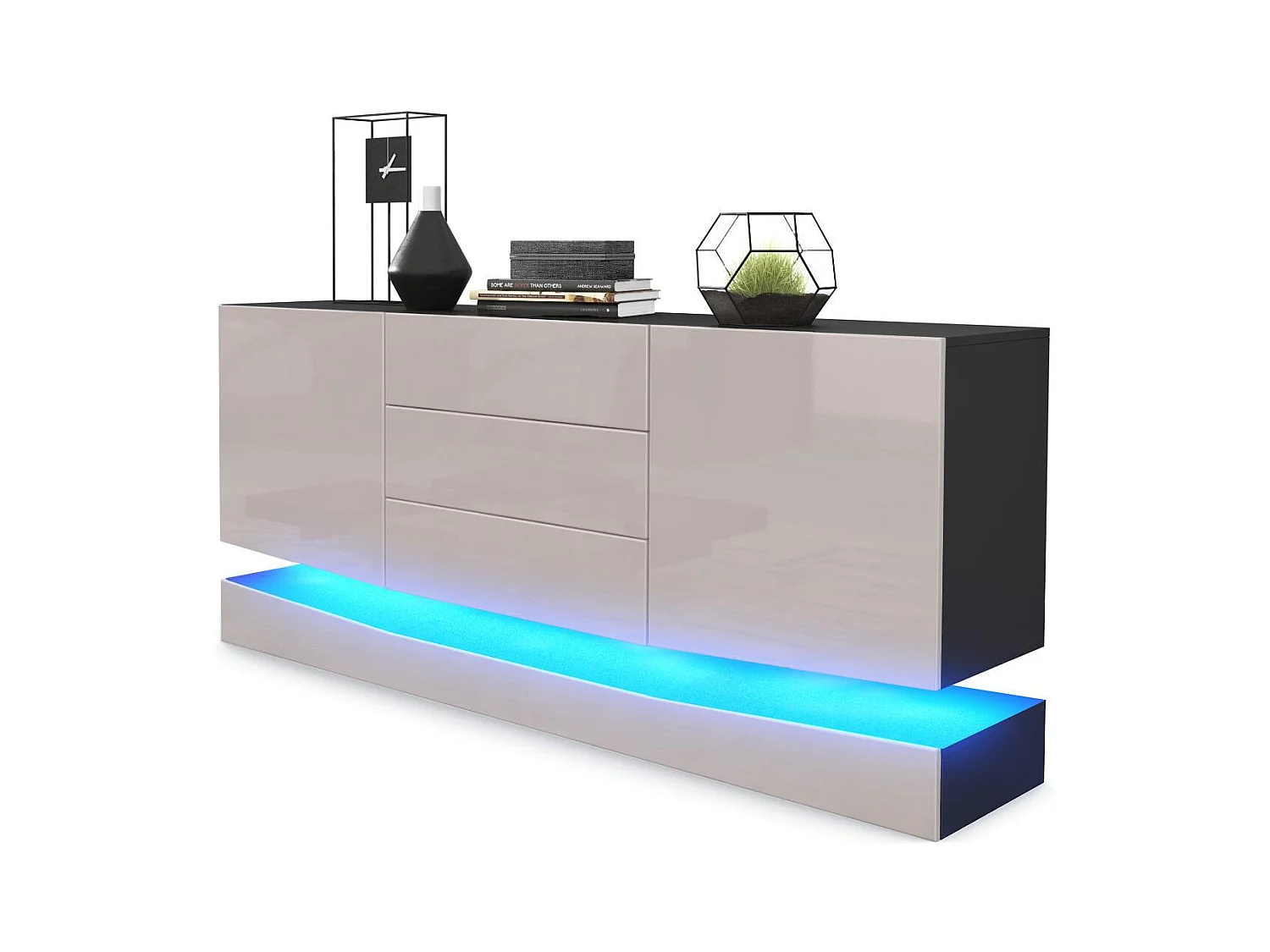 Sideboard City, noir mat/gris sable haute brillance y compris LED - Commode moderne pour votre salon (178 x 72 x 38 cm)