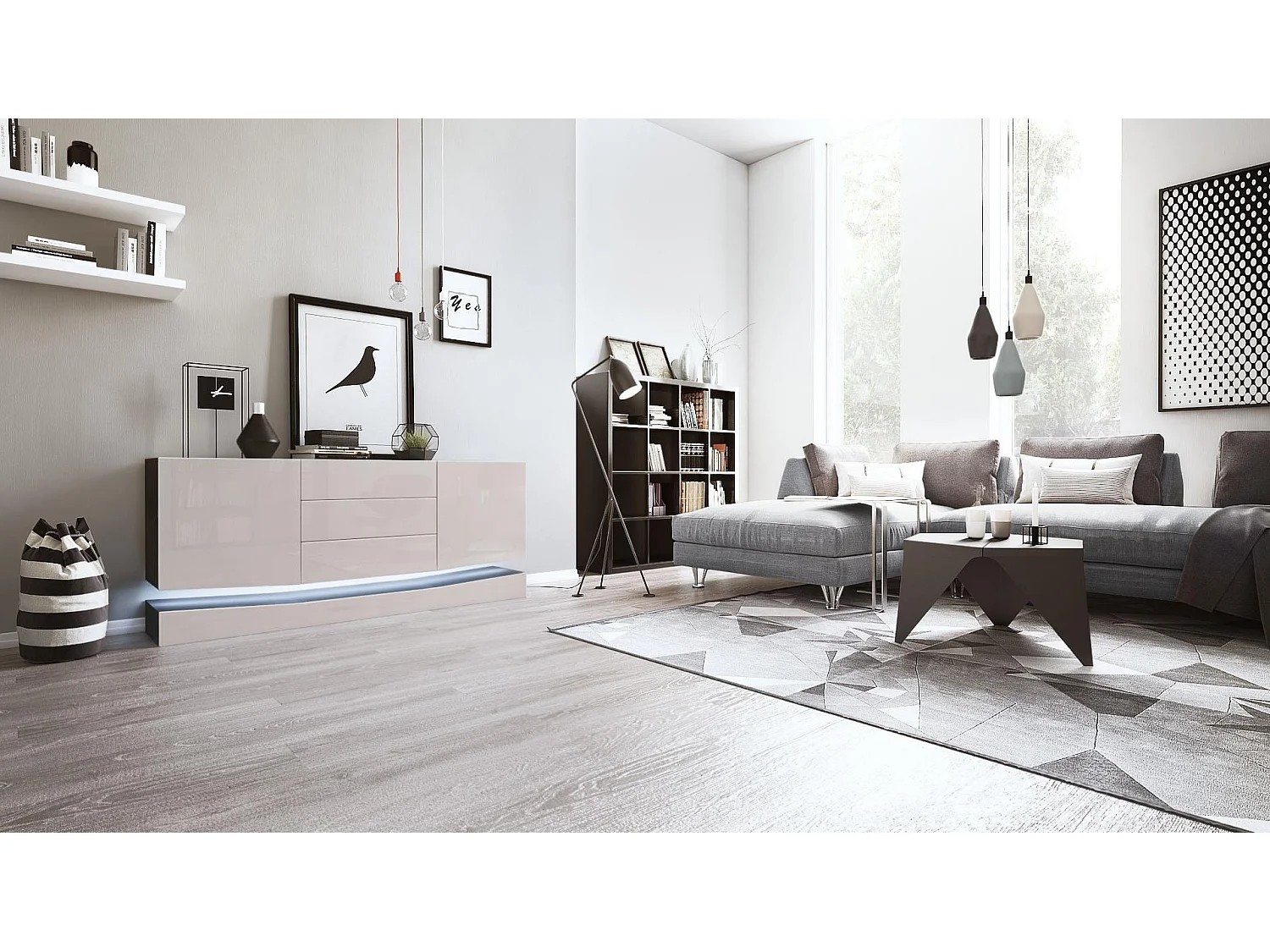 Vladon Sideboard City, nero opaco/grigio sabbia lucido incl. LED - Cassettiera moderna per la zona giorno (178 x 72 x 38 cm)