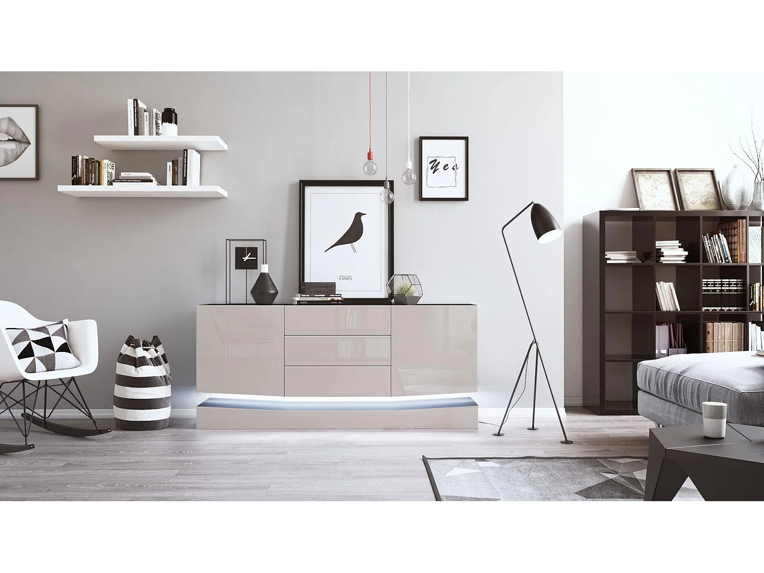 Vladon Sideboard City, nero opaco/grigio sabbia lucido incl. LED - Cassettiera moderna per la zona giorno (178 x 72 x 38 cm)