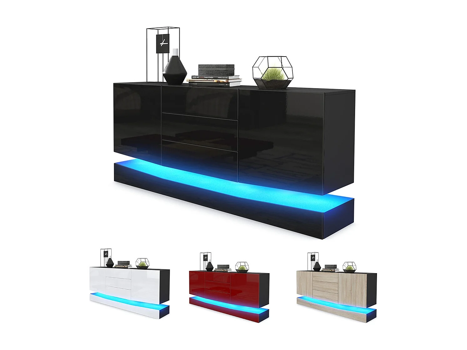 Vladon Sideboard City, nero opaco/grigio sabbia lucido incl. LED - Cassettiera moderna per la zona giorno (178 x 72 x 38 cm)