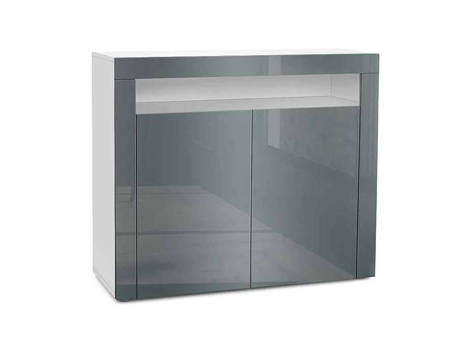 Buffet Valencia, Commode avec 2 portes et 1 compartiment ouvert, Blanc mat/gris haute brillance/gris haute brillance (108 x 92 x 40 cm)