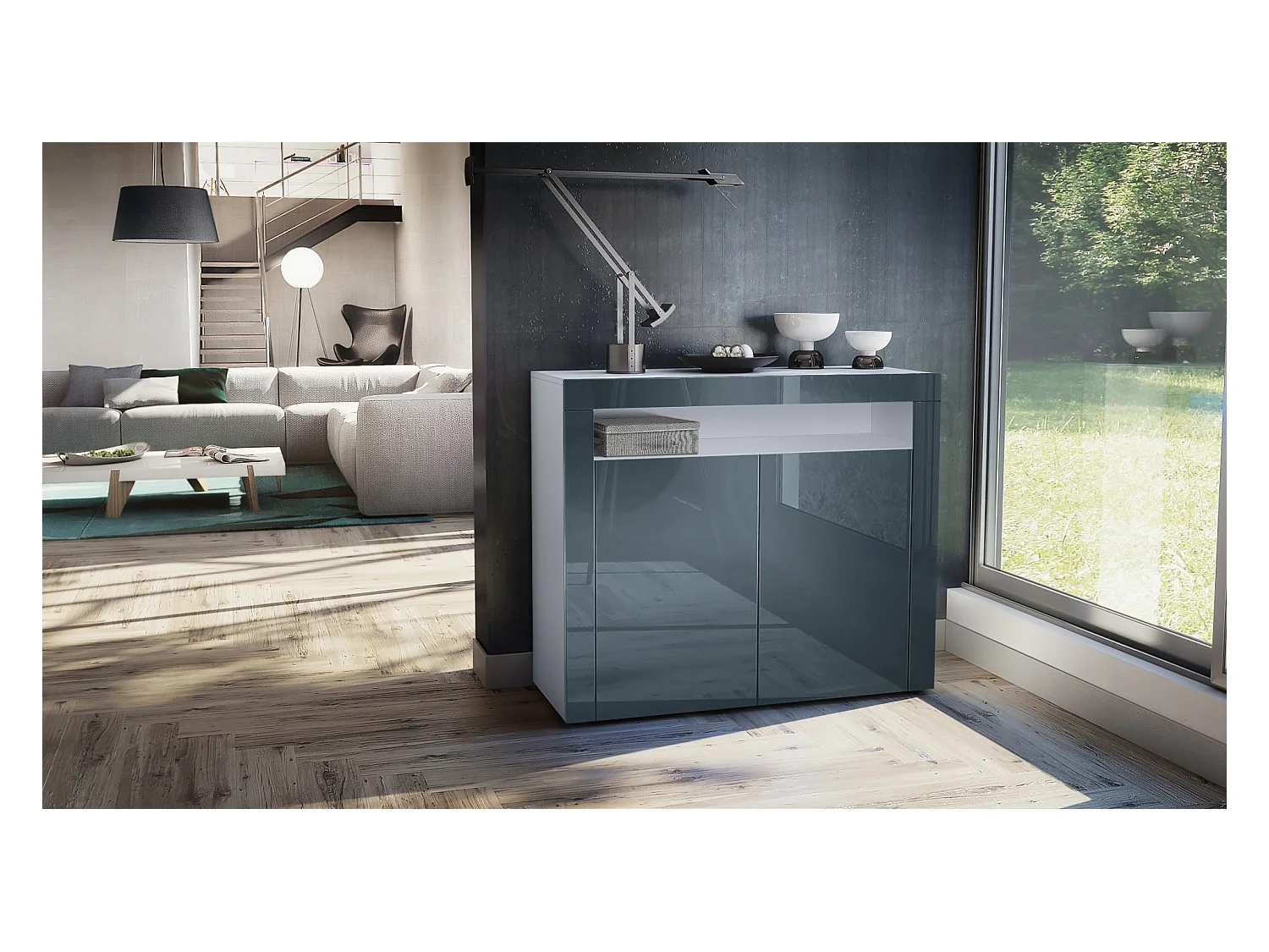 Buffet Valencia, Commode avec 2 portes et 1 compartiment ouvert, Blanc mat/gris haute brillance/gris haute brillance (108 x 92 x 40 cm)