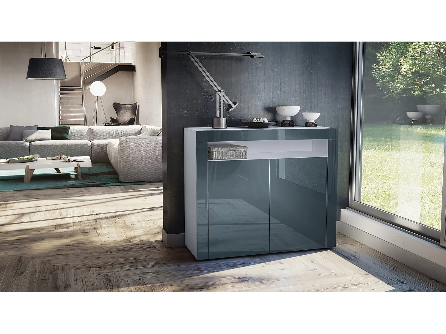 Buffet Valencia, Commode avec 2 portes et 1 compartiment ouvert, Blanc mat/gris haute brillance/gris haute brillance (108 x 92 x 40 cm)