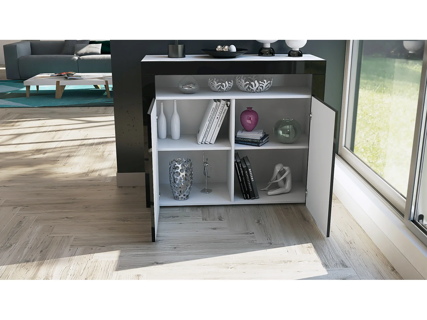 Buffet Valencia, Commode avec 2 portes et 1 compartiment ouvert, Blanc mat/gris haute brillance/gris haute brillance (108 x 92 x 40 cm)