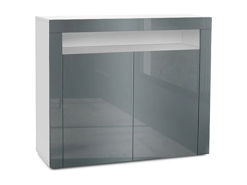 Buffet Valencia, Commode avec 2 portes et 1 compartiment ouvert, Blanc mat/gris haute brillance/gris haute brillance (108 x 92 x 40 cm)
