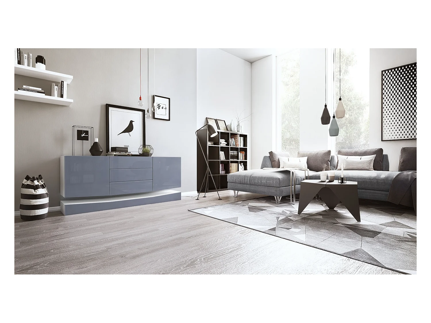 Sideboard City, blanc mat/gris haute brillance - Commode moderne pour votre salon (178 x 72 x 38 cm)