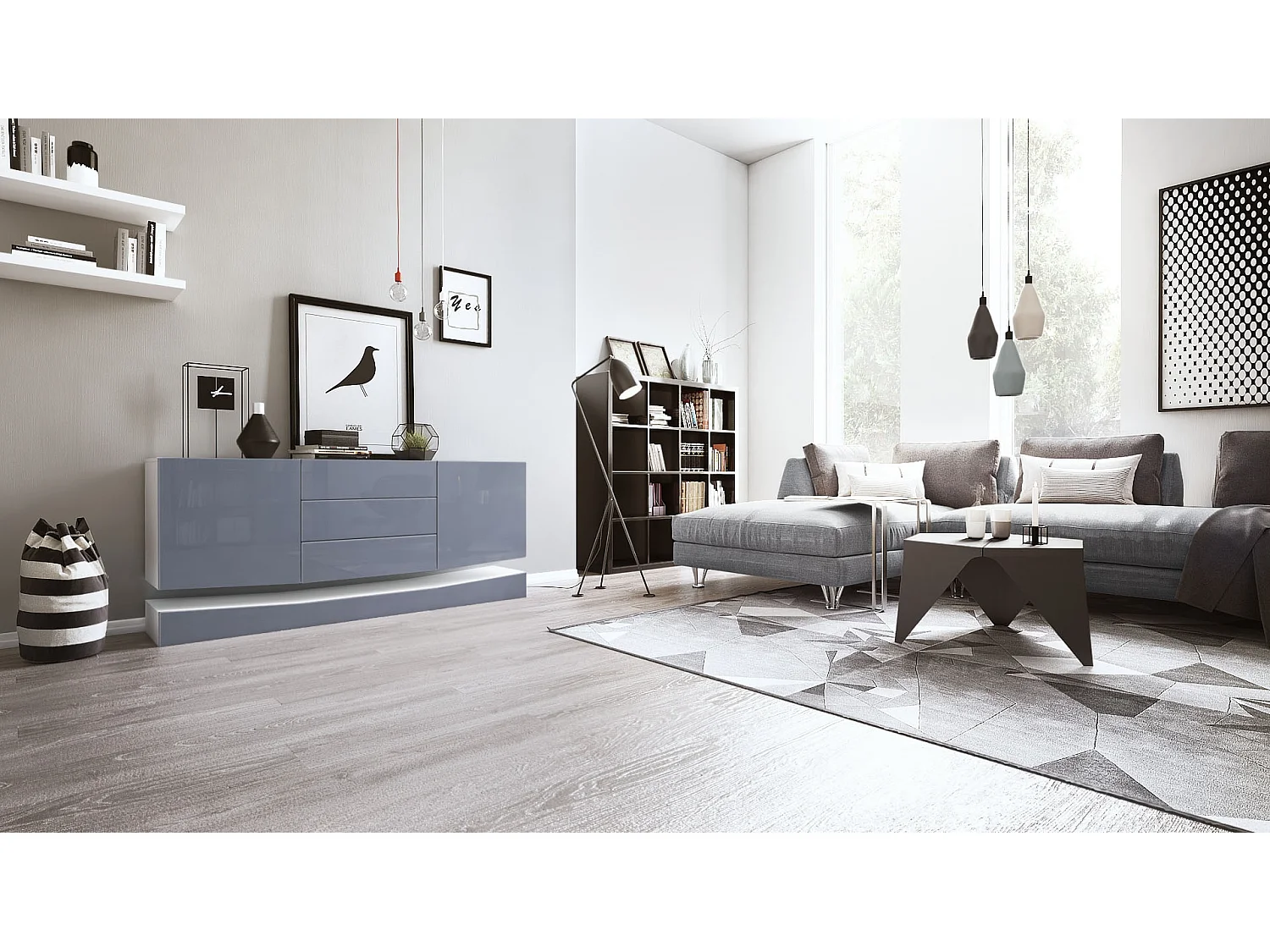 Sideboard City, blanc mat/gris haute brillance - Commode moderne pour votre salon (178 x 72 x 38 cm)