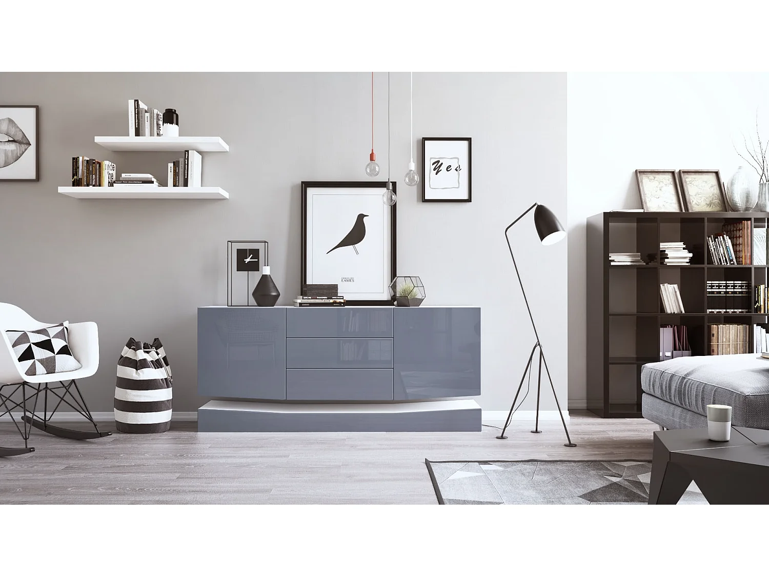 Sideboard City, blanc mat/gris haute brillance - Commode moderne pour votre salon (178 x 72 x 38 cm)