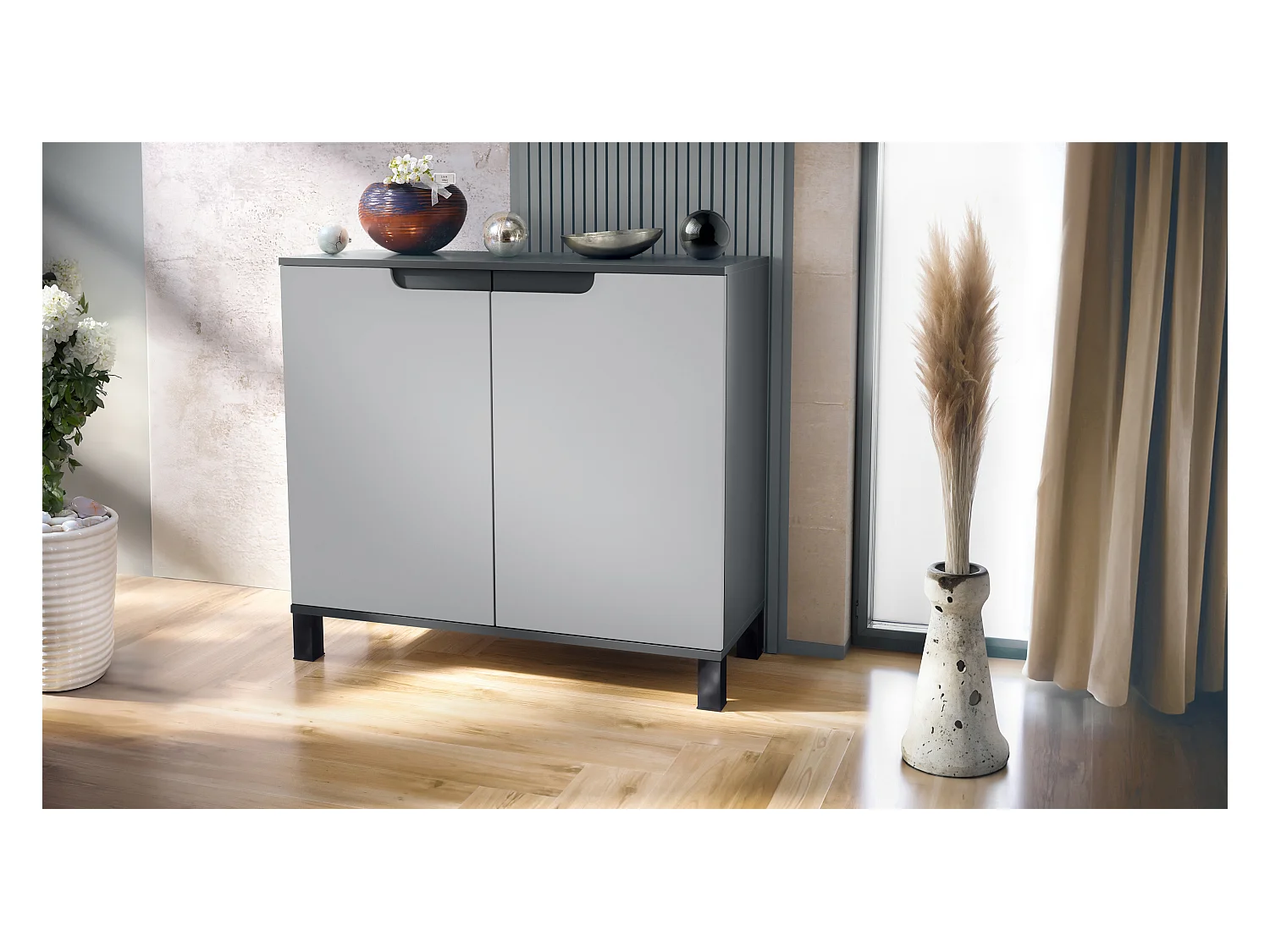 Commode Sylt V3, Buffet de Cuisine Moderne avec 2 Grandes Portes anthracite mat / gris clair satiné mat (92,5 x 84.5 x 35)