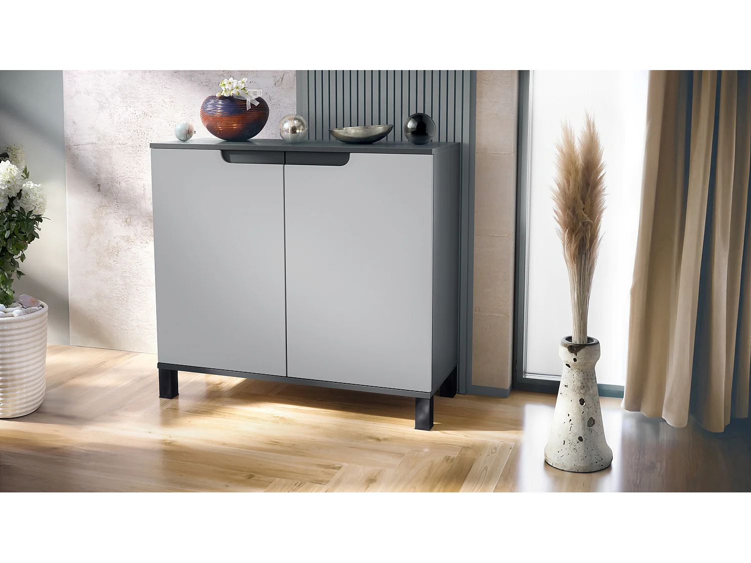 Aparador Sylt V3, Armario de Cocina Moderno con 2 Puertas Grandes antracita mate / gris claro satinado (92,5 x 84.5 x 35)