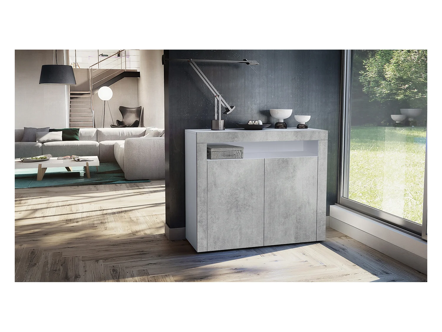 Buffet Valencia, Commode avec 2 portes et 1 compartiment ouvert, Blanc mat/aspect béton oxyde/aspect béton oxyde (108 x 92 x 40 cm)