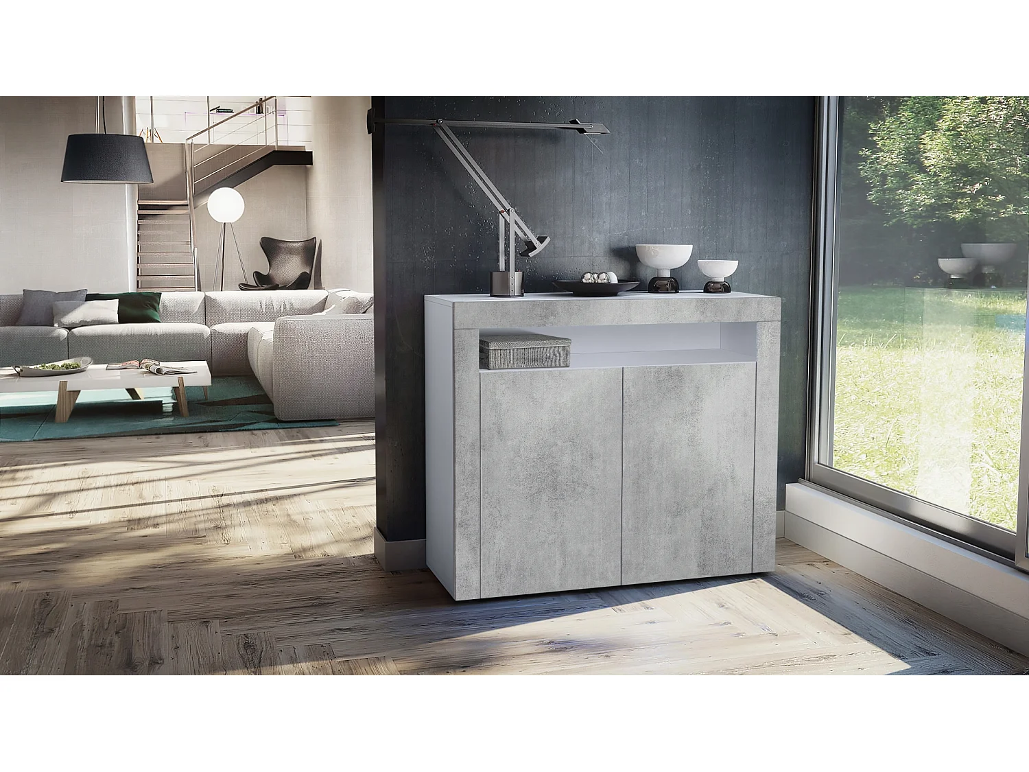 Mobiletto Valencia, credenza con 2 ante e 1 scomparto aperto, bianco opaco/ottica cermento ossido/ottica cermento ossido (108 x 92 x 40 cm)