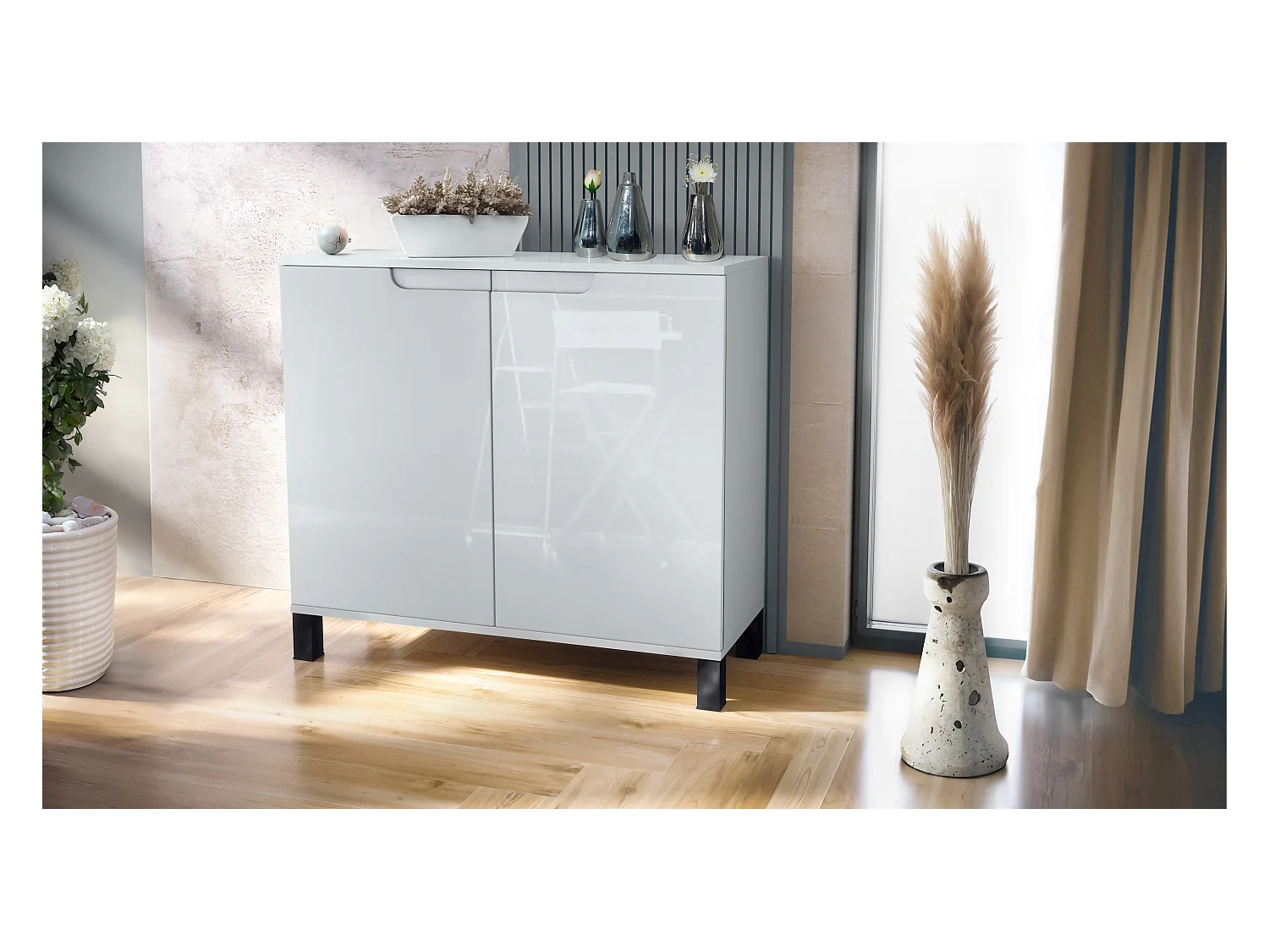 Commode Sylt V3, Buffet de Cuisine Moderne avec 2 Grandes Portes blanc mat / blanc haute brillance (92,5 x 84.5 x 35)