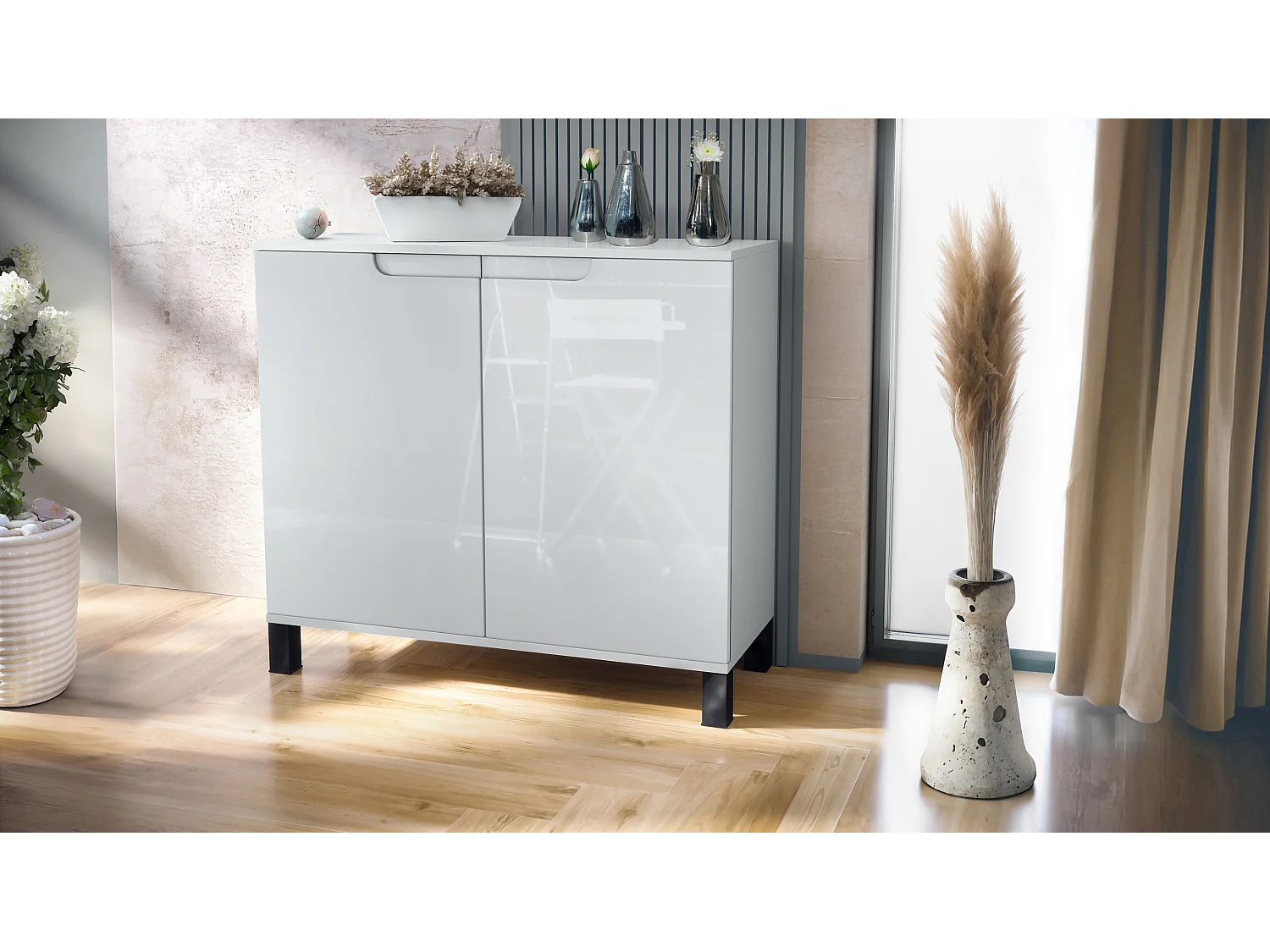 Credenza Sylt V3, Mobile da Cucina Moderno con 2 Grandi Ante bianco opaco / bianco lucido (92,5 x 84.5 x 35)