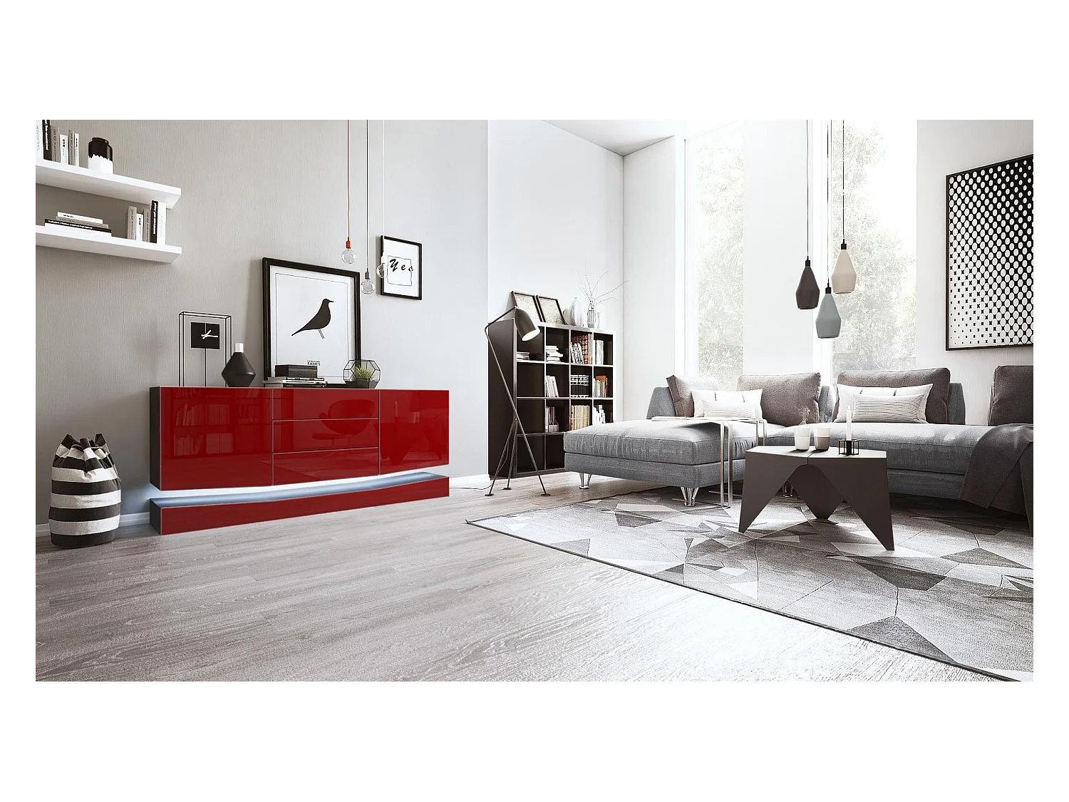 Sideboard City, noir mat/bordeaux haute brillance y compris LED - Commode moderne pour votre salon (178 x 72 x 38 cm)