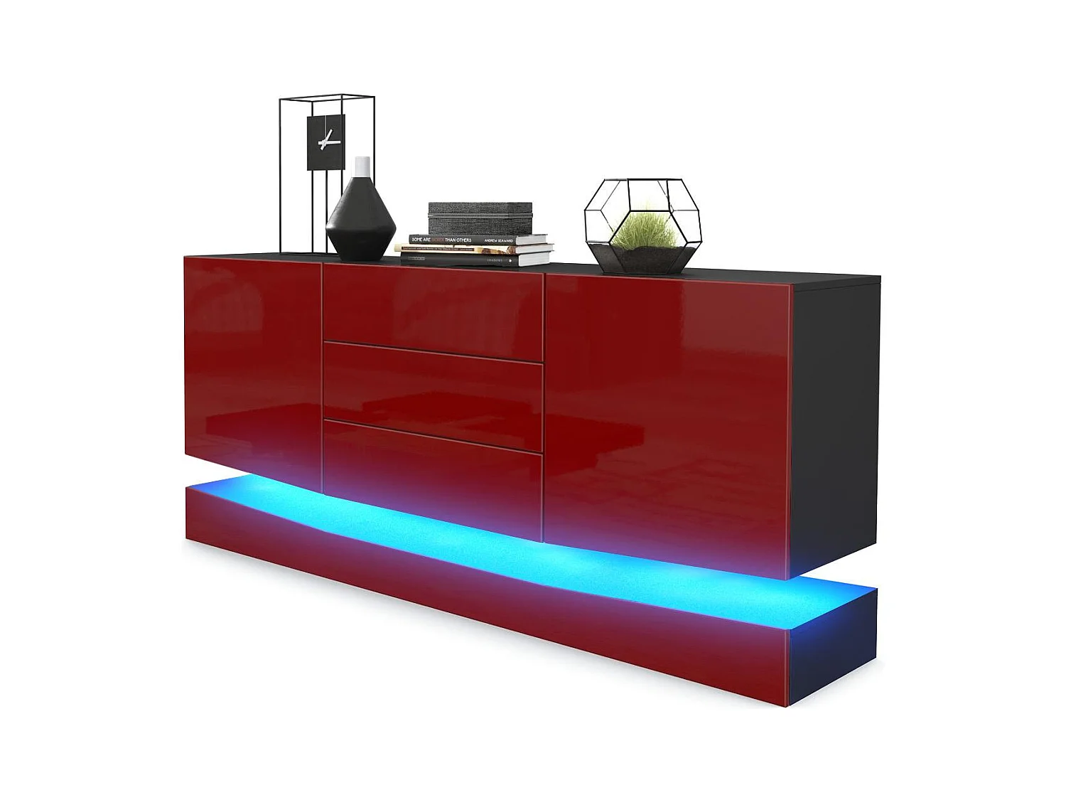 Sideboard City, noir mat/bordeaux haute brillance y compris LED - Commode moderne pour votre salon (178 x 72 x 38 cm)