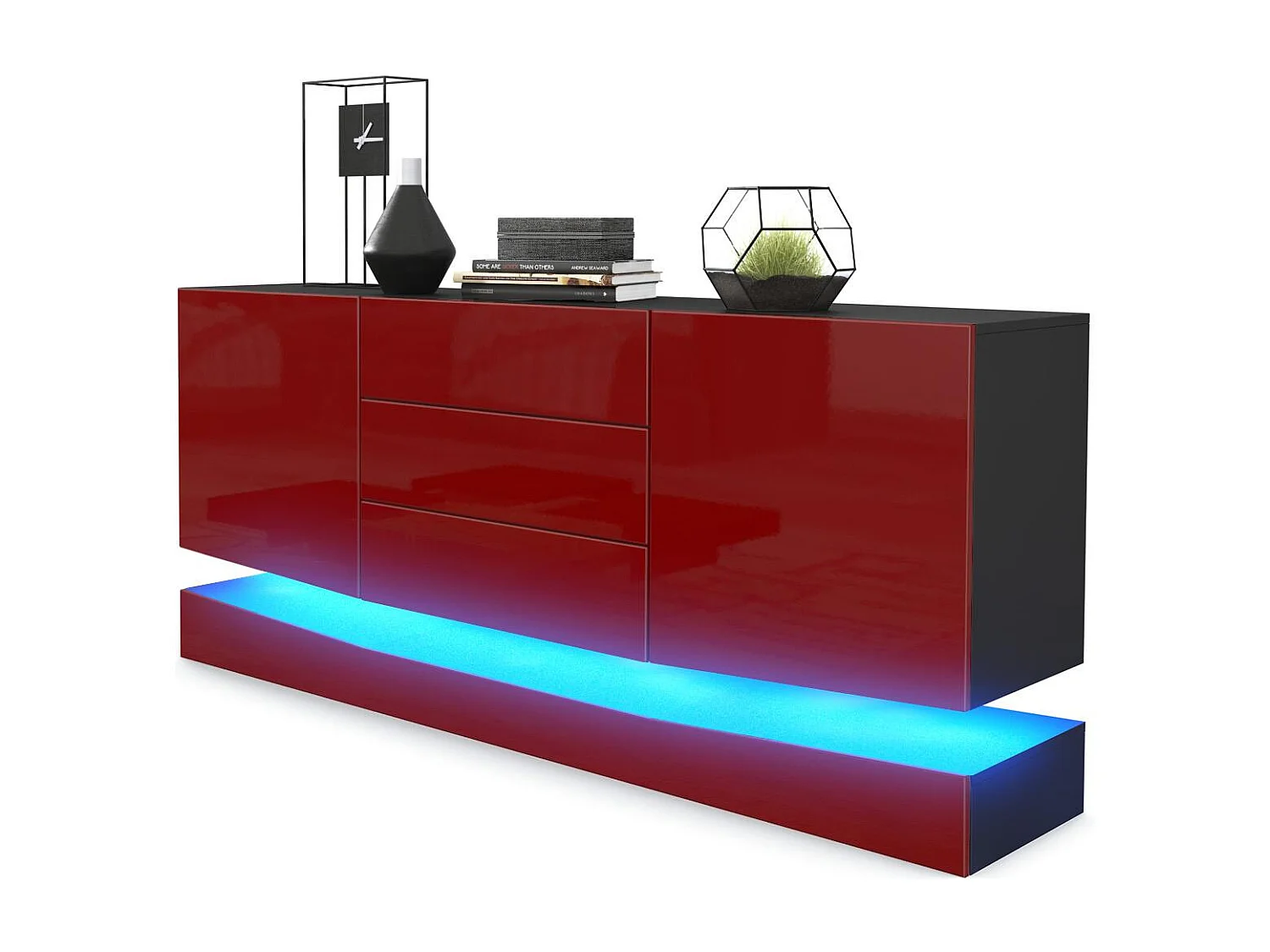 Vladon Sideboard City, nero opaco/bordeaux lucido incl. LED - Cassettiera moderna per la zona giorno (178 x 72 x 38 cm)