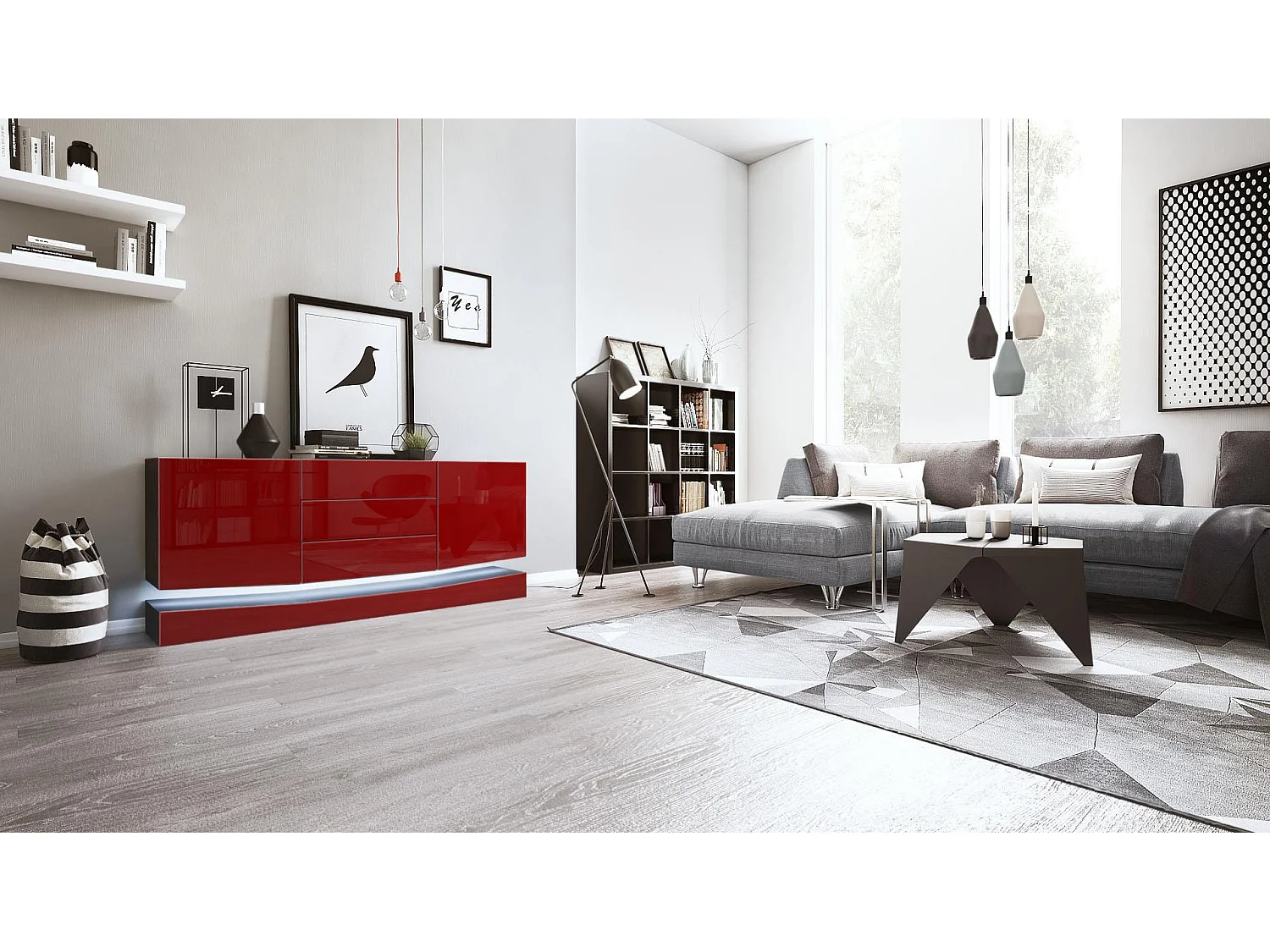 Vladon Sideboard City, nero opaco/bordeaux lucido incl. LED - Cassettiera moderna per la zona giorno (178 x 72 x 38 cm)