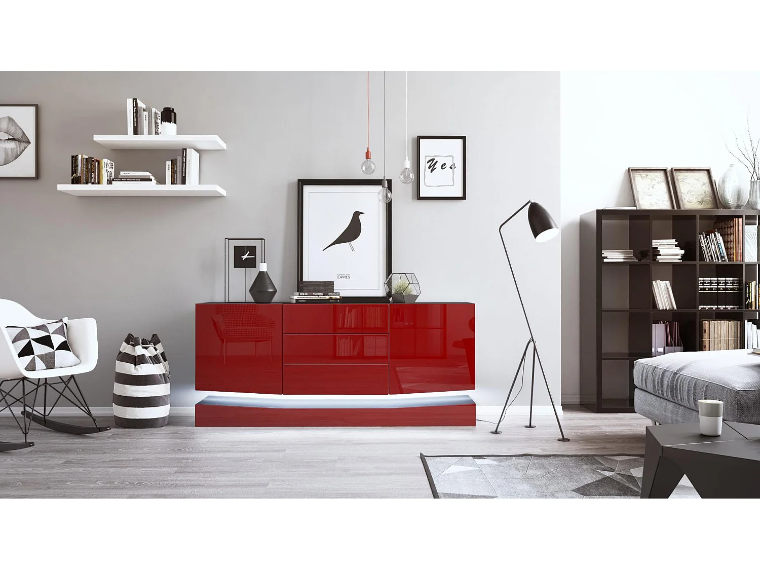 Vladon Sideboard City, nero opaco/bordeaux lucido incl. LED - Cassettiera moderna per la zona giorno (178 x 72 x 38 cm)