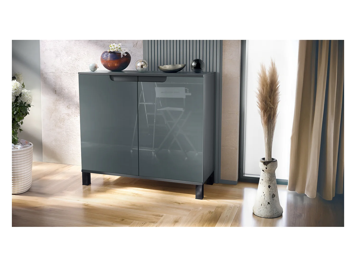 Commode Sylt V3, Buffet de Cuisine Moderne avec 2 Grandes Portes anthracite mat / gris haute brillance (92,5 x 84.5 x 35)