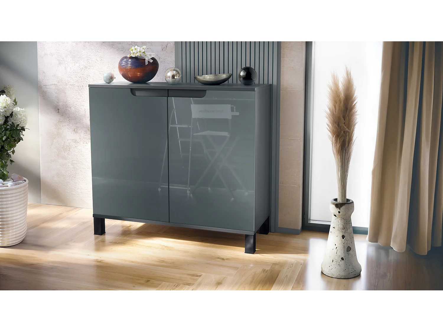 Aparador Sylt V3, Armario de Cocina Moderno con 2 Puertas Grandes antracita mate / gris de alto brillo (92,5 x 84.5 x 35)