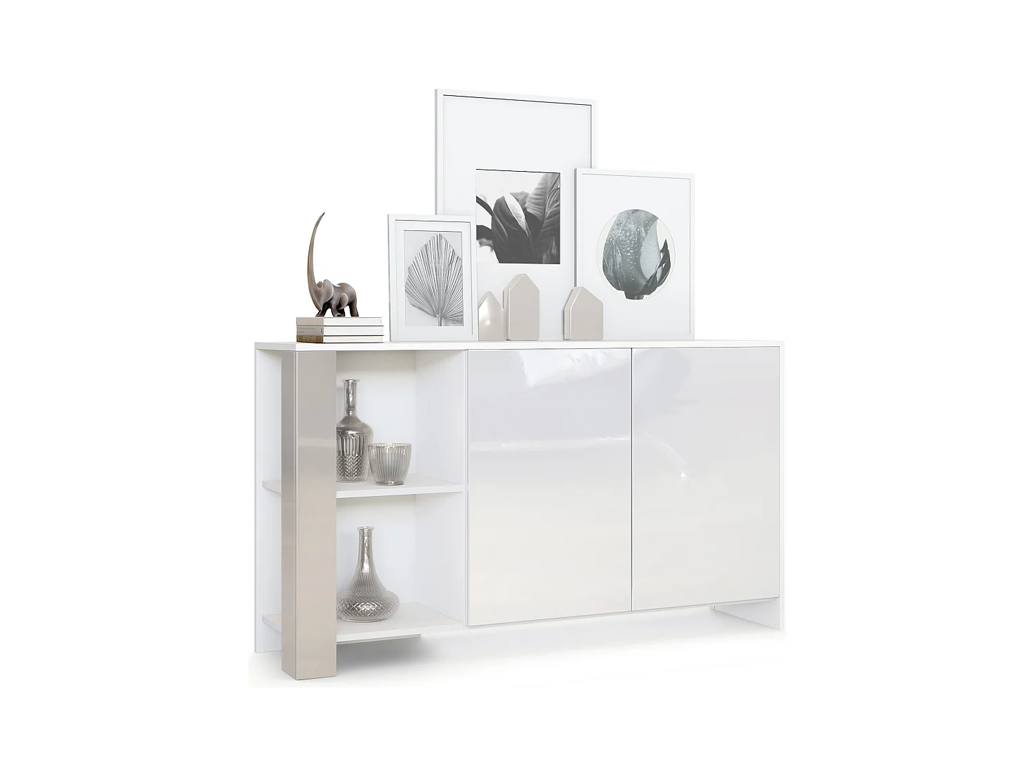 Buffet Canto, long bahut avec 2 portes et 6 compartiments, corps blanc mat, façades blanc brillant, panneaux décoratifs gris sable brillant (143 x 81 x 36 cm)