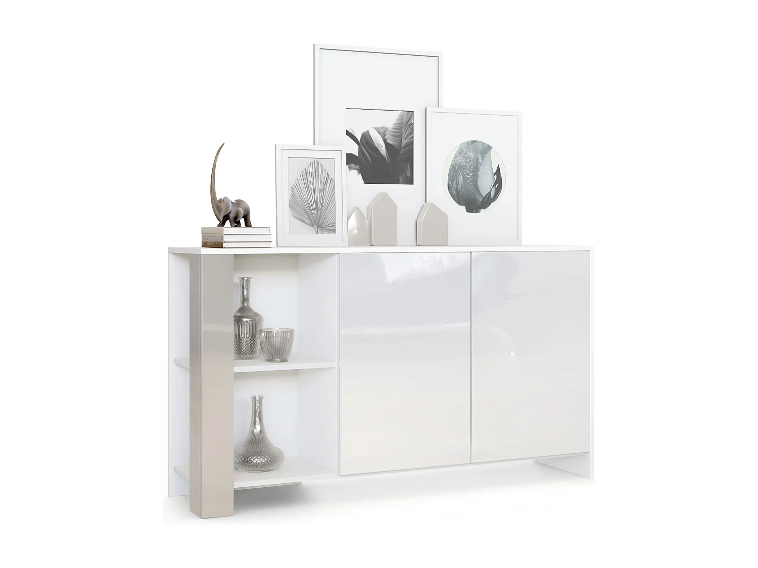 Credenza Canto, credenza lunga a 2 ante e 6 vani, mobile bianco opaco, frontali bianchi lucidi, pannelli decorativi grigio sabbia lucido (143 x 81 x 36 cm)