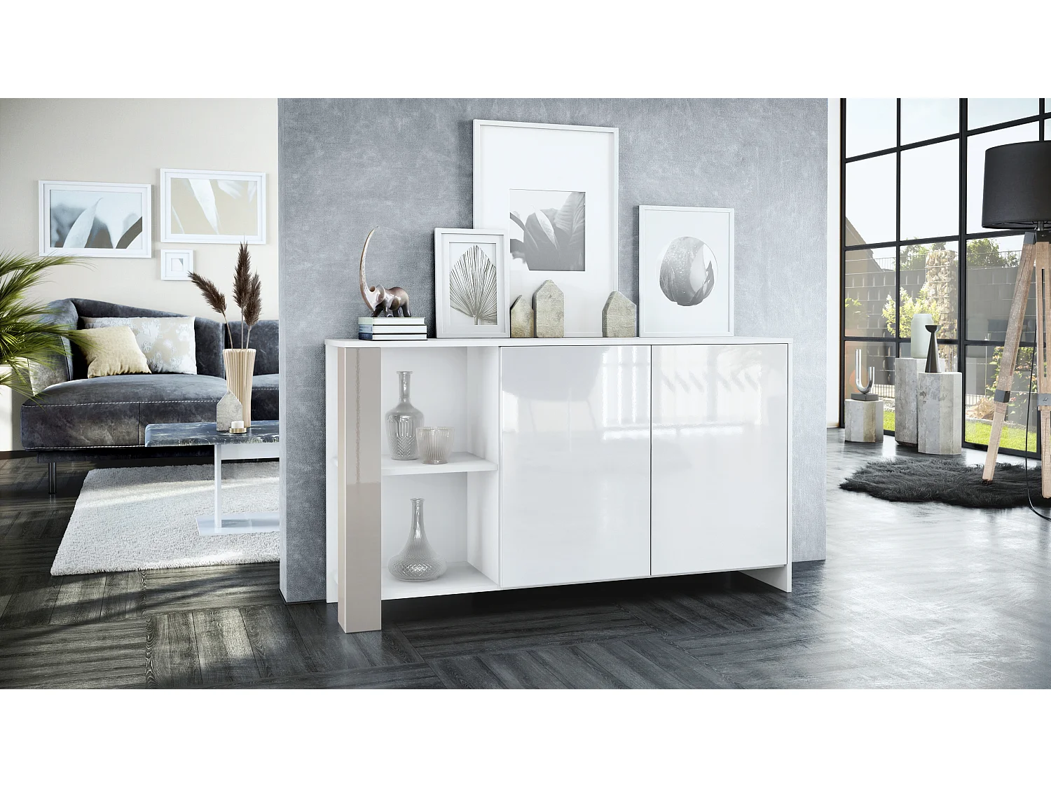 Credenza Canto, credenza lunga a 2 ante e 6 vani, mobile bianco opaco, frontali bianchi lucidi, pannelli decorativi grigio sabbia lucido (143 x 81 x 36 cm)