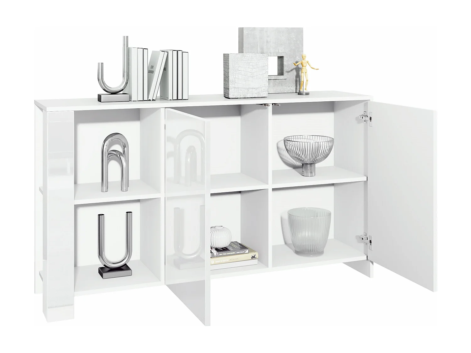 Credenza Canto, credenza lunga a 2 ante e 6 vani, mobile bianco opaco, frontali bianchi lucidi, pannelli decorativi grigio sabbia lucido (143 x 81 x 36 cm)