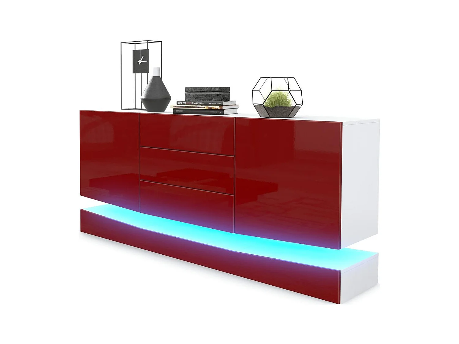 Sideboard City, blanc mat/bordeaux haute brillance y compris LED - Commode moderne pour votre salon (178 x 72 x 38 cm)