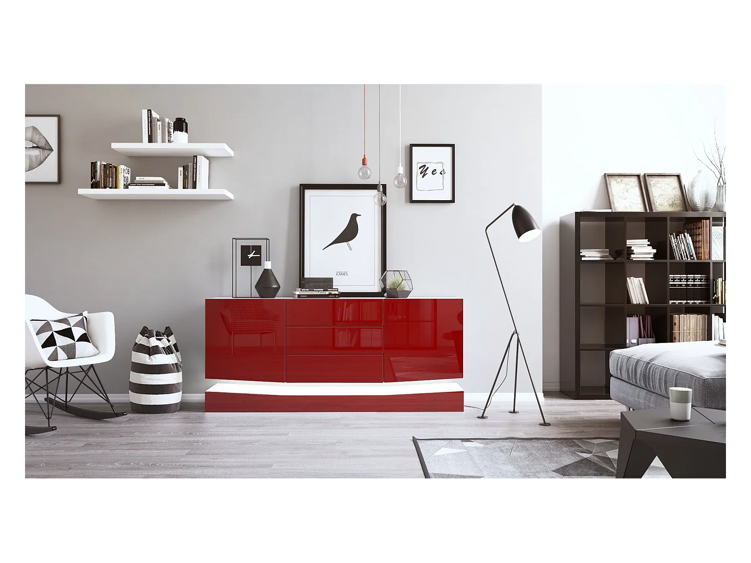 Sideboard City, blanc mat/bordeaux haute brillance y compris LED - Commode moderne pour votre salon (178 x 72 x 38 cm)