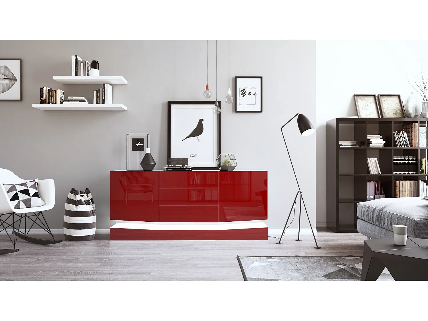 Vladon Sideboard City, bianco opaco/bordeaux lucido incl. LED - Cassettiera moderna per la zona giorno (178 x 72 x 38 cm)