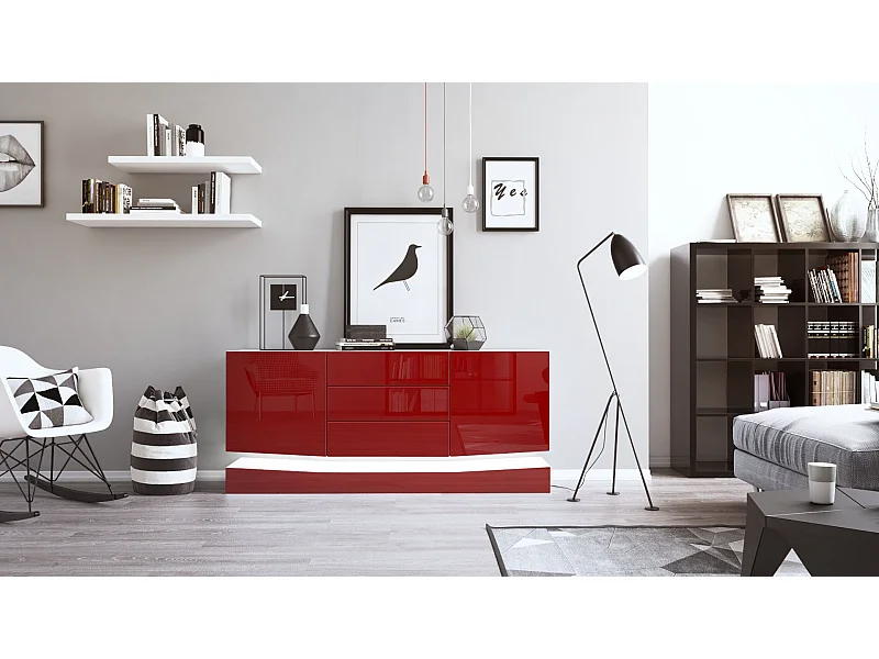 Sideboard City, blanc mat/bordeaux haute brillance y compris LED - Commode moderne pour votre salon (178 x 72 x 38 cm)