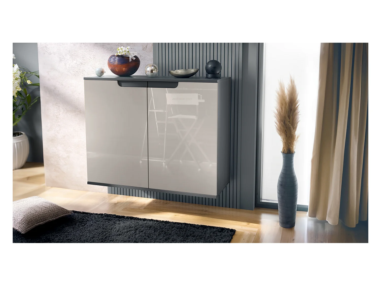 Commode Sylt V3, Buffet de Cuisine Moderne avec 2 Grandes Portes anthracite mat / gris sable haute brillance (92,5 x 73.5 x 35)