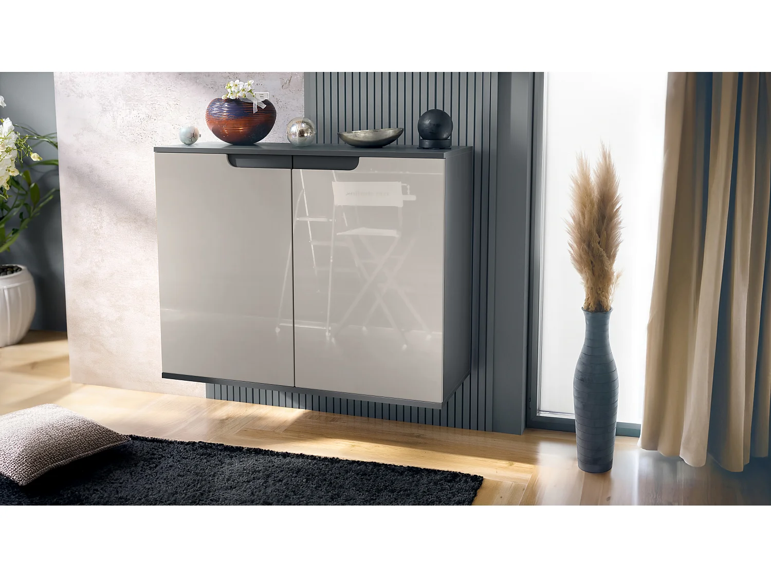 Aparador Sylt V3, Armario de Cocina Moderno con 2 Puertas Grandes antracita mate / gris arena de alto brillo (92,5 x 73.5 x 35)