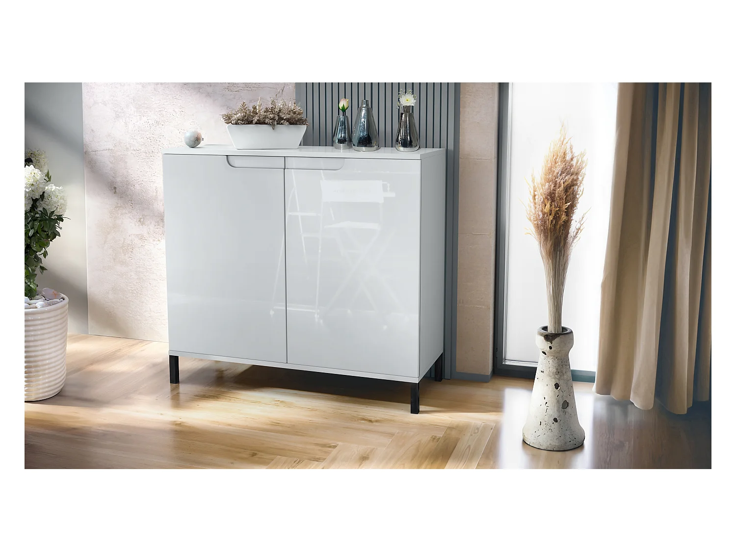 Commode Sylt V3, Buffet de Cuisine Moderne avec 2 Grandes Portes blanc mat / blanc haute brillance (92,5 x 83.5 x 35)